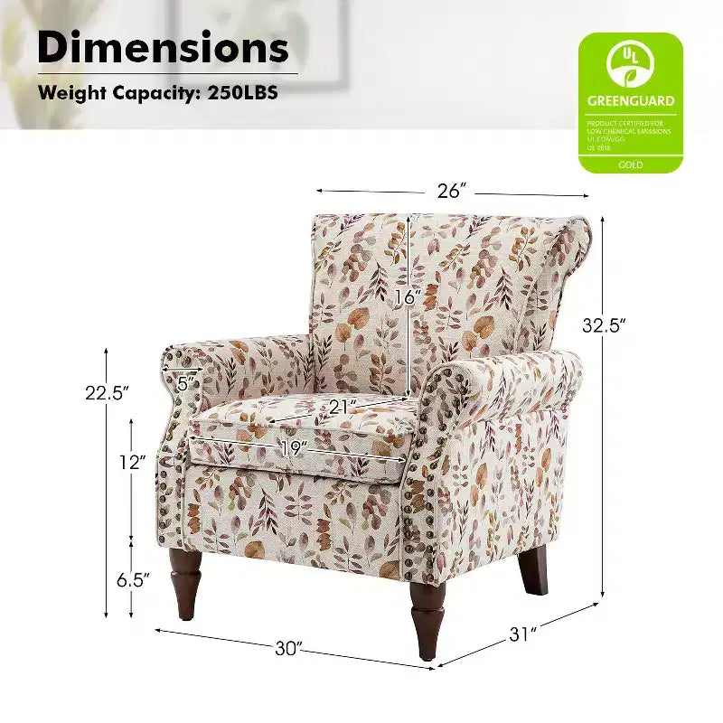 Set di 2 Poltrone Chesterfield Floreali con Profili Borchiati, Struttura in Legno, 76cm L x 80cm P x 82cm H, 9 Opzioni di Colore