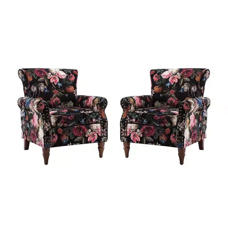 Set di 2 Poltrone Chesterfield Floreali con Profili Borchiati, Struttura in Legno, 76cm L x 80cm P x 82cm H, 9 Opzioni di Colore