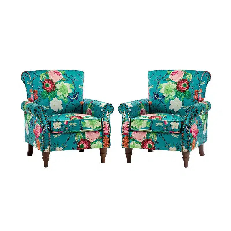 Set di 2 Poltrone Chesterfield Floreali con Profili Borchiati, Struttura in Legno, 76cm L x 80cm P x 82cm H, 9 Opzioni di Colore