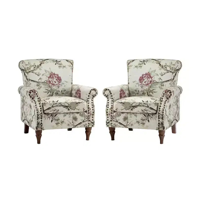 Set di 2 Poltrone Chesterfield Floreali con Profili Borchiati, Struttura in Legno, 76cm L x 80cm P x 82cm H, 9 Opzioni di Colore