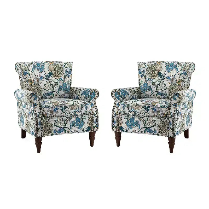 Set di 2 Poltrone Chesterfield Floreali con Profili Borchiati, Struttura in Legno, 76cm L x 80cm P x 82cm H, 9 Opzioni di Colore