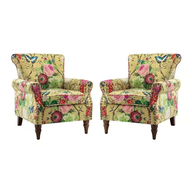 Set di 2 Poltrone Chesterfield Floreali con Profili Borchiati, Struttura in Legno, 76cm L x 80cm P x 82cm H, 9 Opzioni di Colore