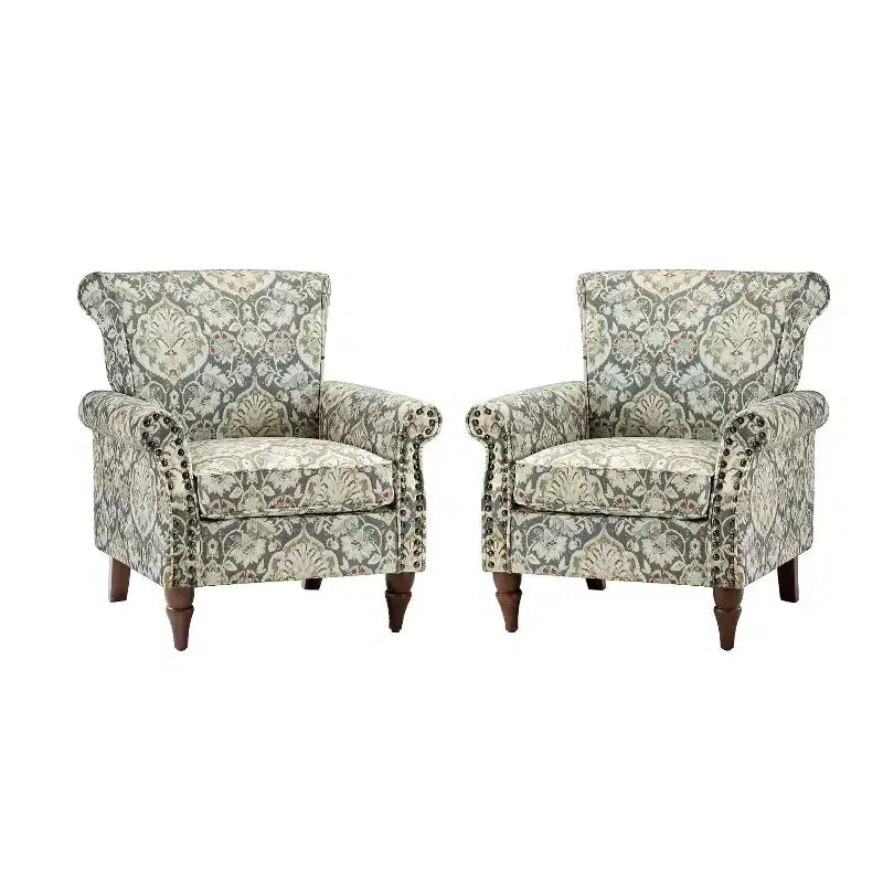 Set di 2 Poltrone Chesterfield Floreali con Profili Borchiati, Struttura in Legno, 76cm L x 80cm P x 82cm H, 9 Opzioni di Colore