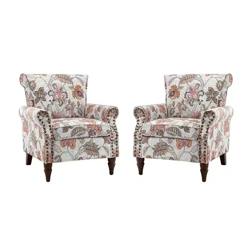 Set di 2 Poltrone Chesterfield Floreali con Profili Borchiati, Struttura in Legno, 76cm L x 80cm P x 82cm H, 9 Opzioni di Colore