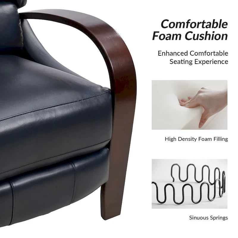Alex Mid-century Modern Cigar Genuine Leather Manual Recliner with Wooden Curved Arms