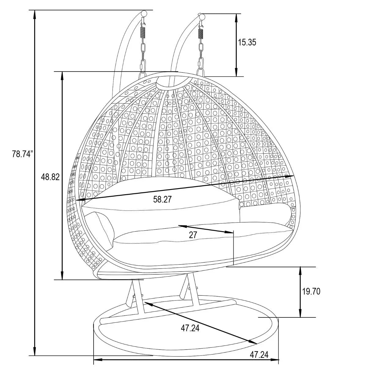 Fauteuil œuf suspendu 2 places LeisureMod avec support - fauteuil hamac balançoire de patio en osier de rotin pour l’extérieur et l’intérieur, avec coussins