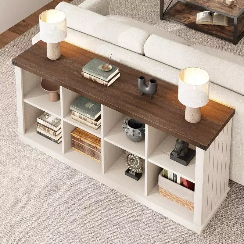 Bibliothèque de rangement à 8 casiers, style champêtre, modèle horizontal, bibliothèque en bois de 62 pouces pour entrée, longues bibliothèques basses pour salon
