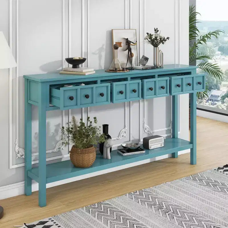 Consolle rustica da 152 cm con cassetti di diverse dimensioni e ripiano inferiore