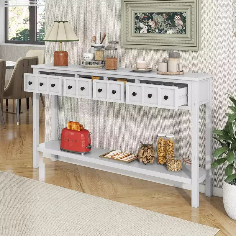 Consolle rustica da 152 cm con cassetti di diverse dimensioni e ripiano inferiore