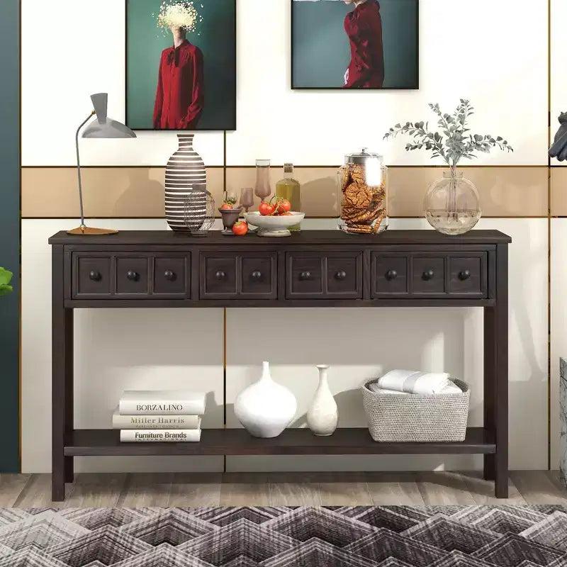 Consolle rustica da 152 cm con cassetti di diverse dimensioni e ripiano inferiore