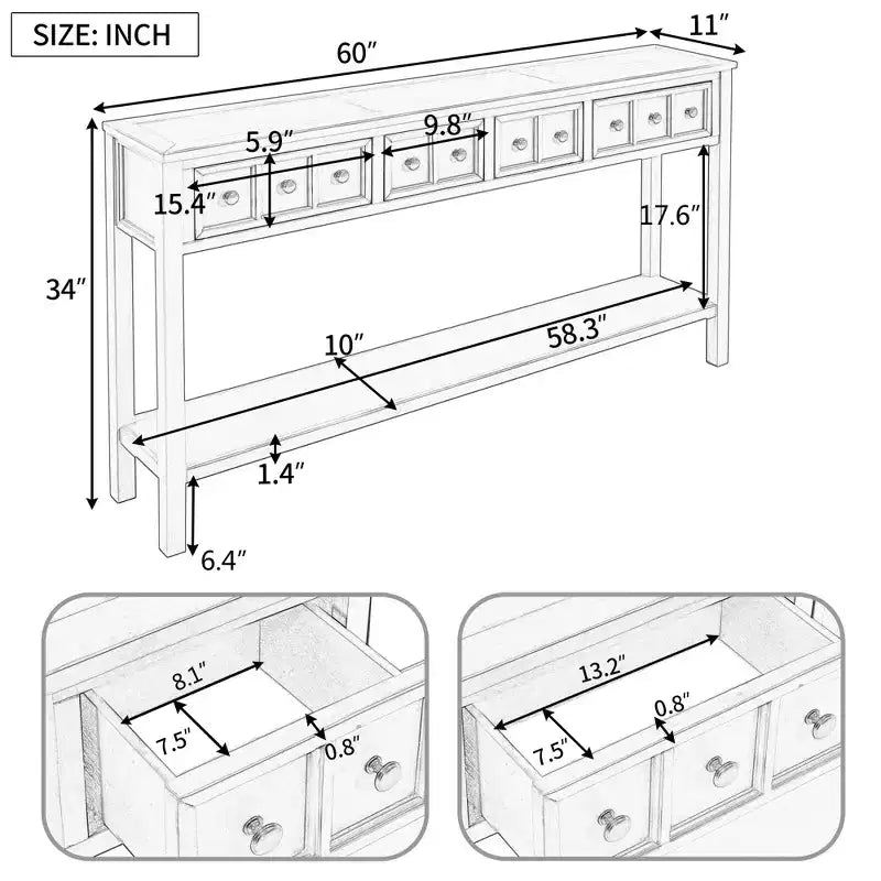 Consolle rustica da 152 cm con cassetti di diverse dimensioni e ripiano inferiore