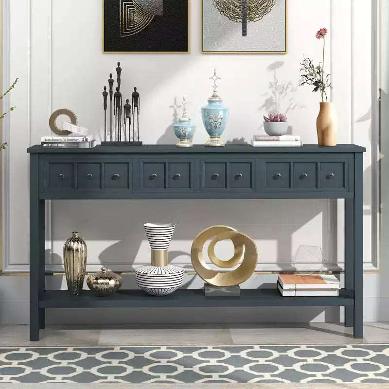 Consolle rustica da 152 cm con cassetti di diverse dimensioni e ripiano inferiore