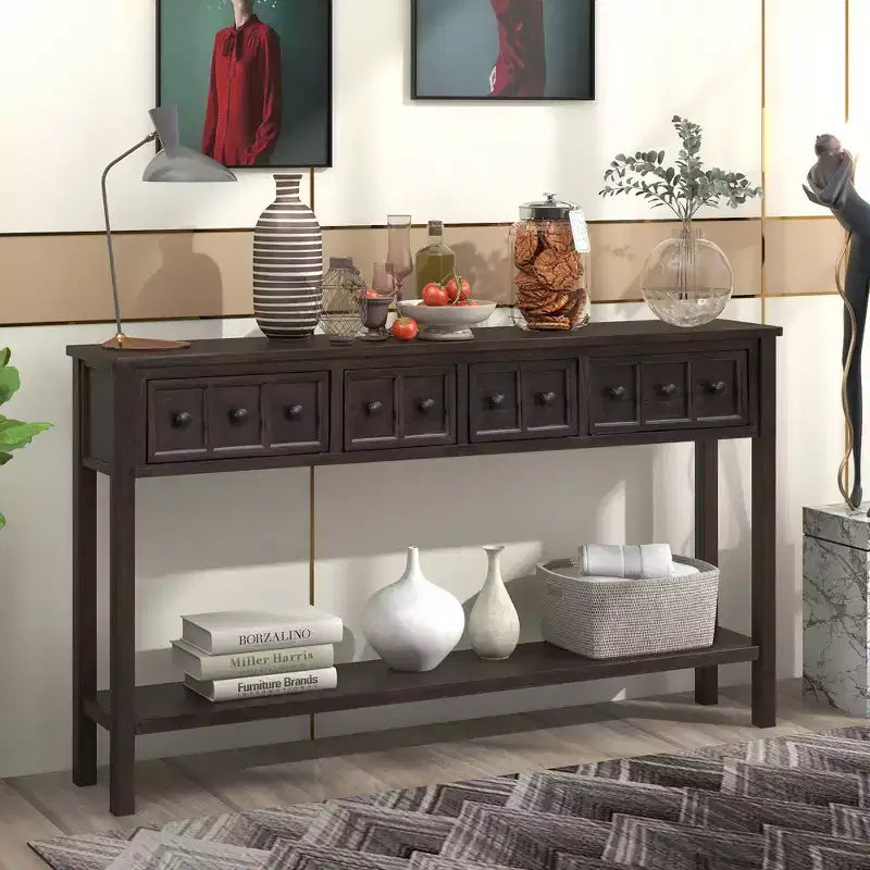 Consolle rustica da 152 cm con cassetti di diverse dimensioni e ripiano inferiore