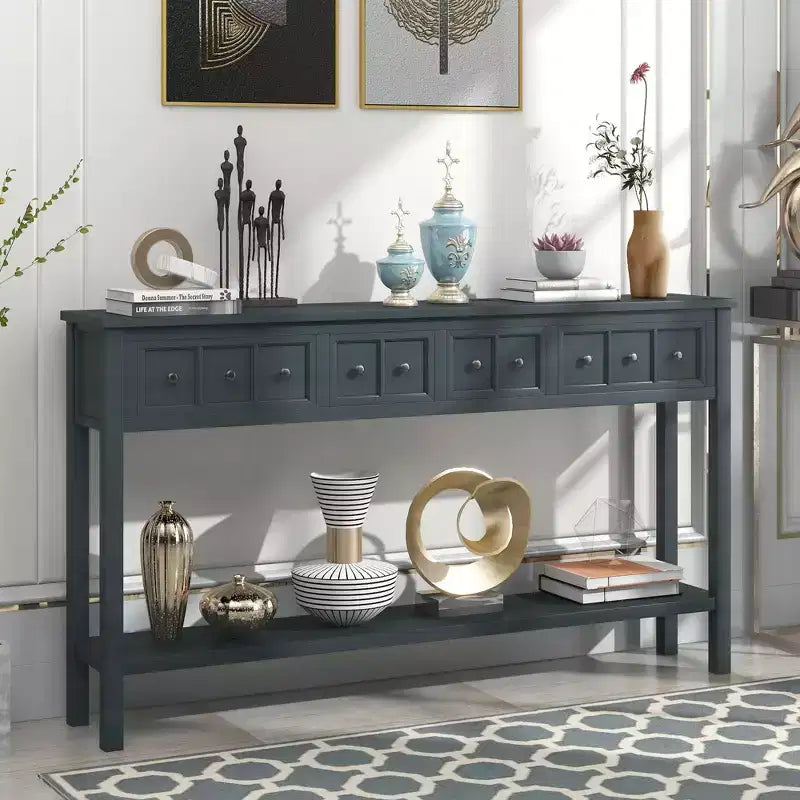 Consolle rustica da 152 cm con cassetti di diverse dimensioni e ripiano inferiore