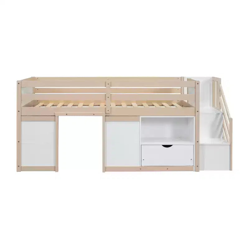 94.6L x 42.3W laag halfhoogslaper van massief hout voor een eenpersoonsbed, met trap, lade en plank, modern en strak ontwerp