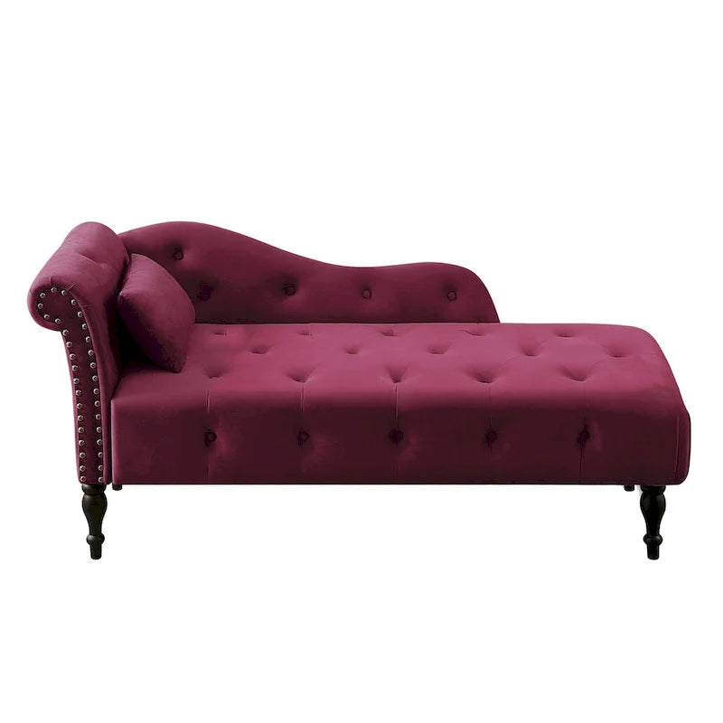 Moderne chaise longue van 60,6, bekleed met fluweel en voorzien van gecapitonneerde knopen, met poten van massief hout en sierspijkers
