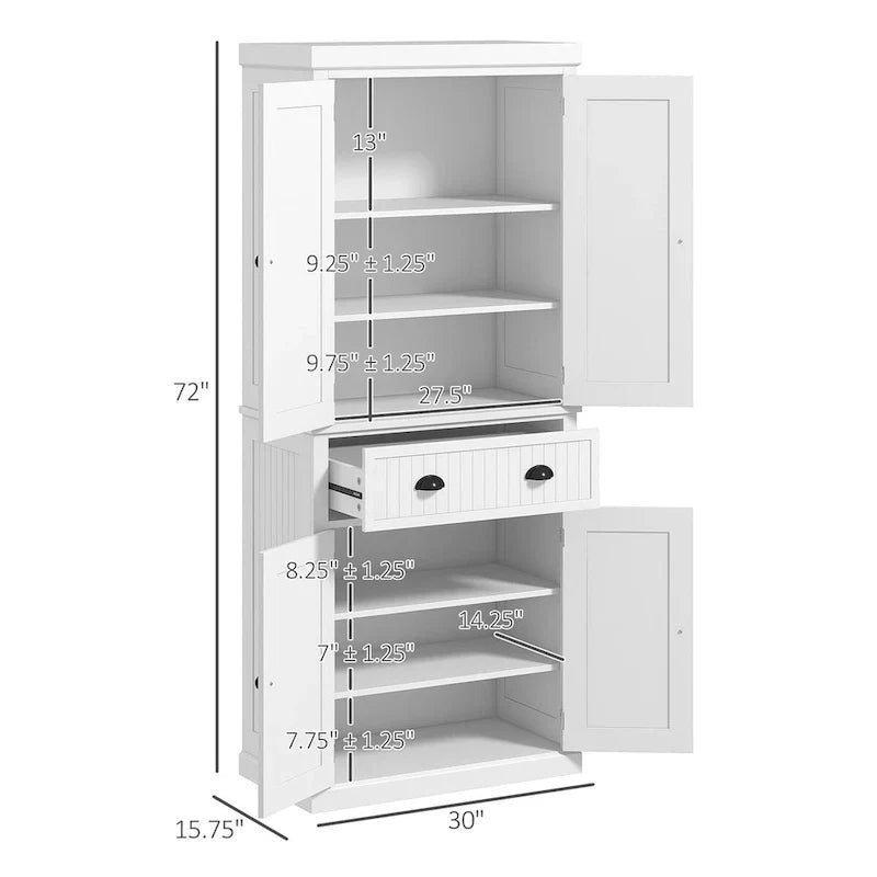 72 Zoll hoher Küchenschrank im traditionellen Stil, freistehend, mit 4 Türen, 3 verstellbaren Einlegeböden und großer mittlerer Schublade