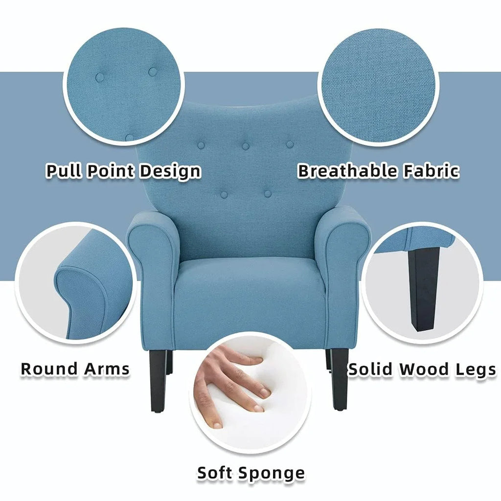 Fauteuil d’appoint moderne Erommy à dossier haut, fauteuil une place en tissu rembourré avec boutons et pieds en bois, pour salon