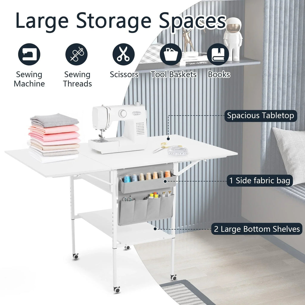 Table d’activités réglable en hauteur avec étagères de rangement, table de découpe pliante et mobile pour bureau à domicile, couture ou loisirs créatifs