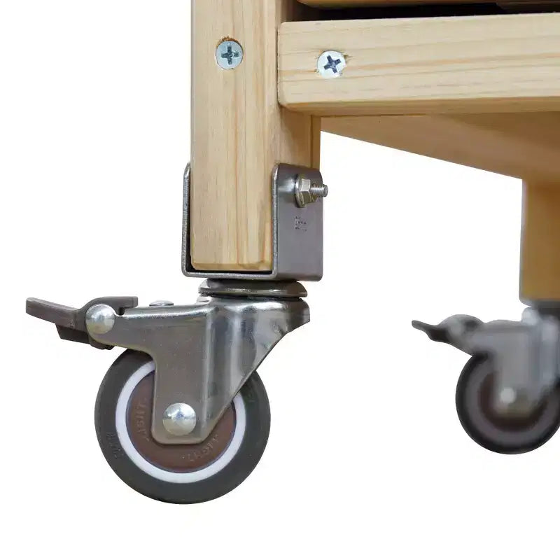 Îlot de cuisine d’extérieur Okak avec plateau en acier inoxydable, desserte de cuisine en bois avec portes, étagères et porte-épices, îlot de cuisine à roulettes