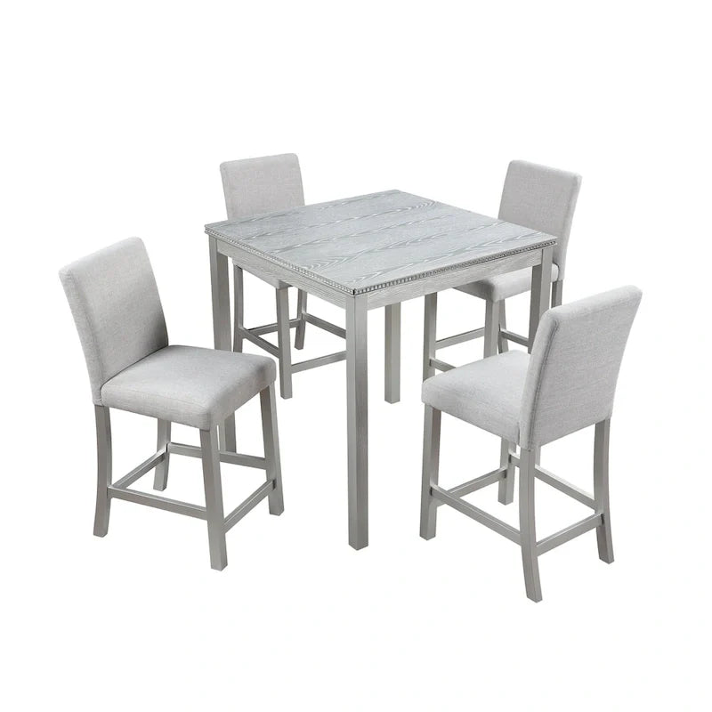 Modernes 5-teiliges Esszimmerset mit quadratischem Tisch in Thekenhöhe und 4 gepolsterten Stühlen