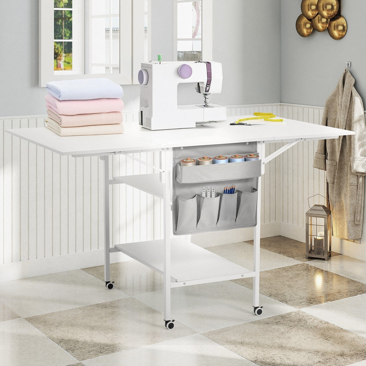 Table d’activités réglable en hauteur avec étagères de rangement, table de découpe pliante et mobile pour bureau à domicile, couture ou loisirs créatifs