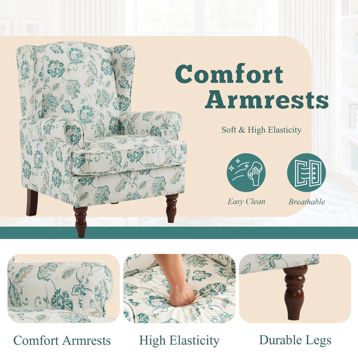 Fauteuil d’appoint moderne Erommy à dossier haut, fauteuil une place en tissu rembourré avec boutons et pieds en bois, pour salon