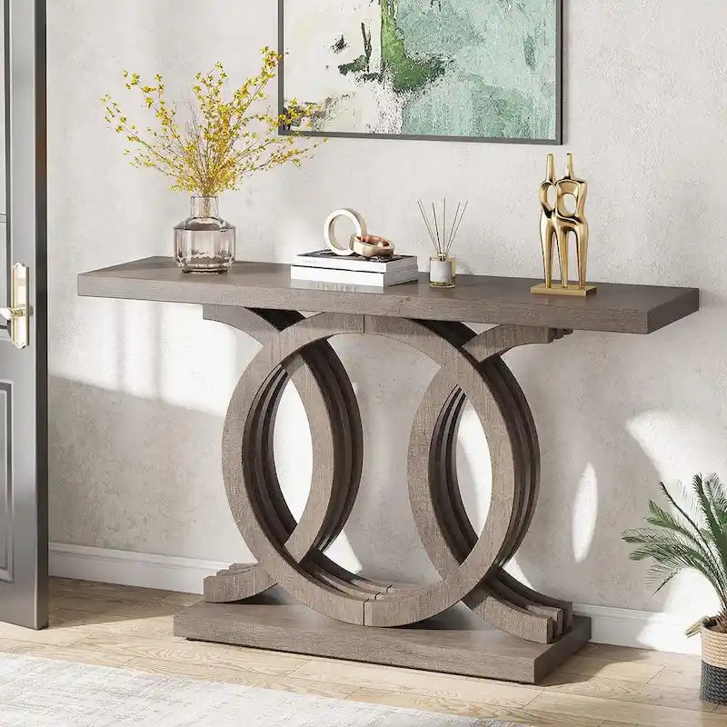 Vintage consoletafel met geometrisch onderstel, houten haltafel