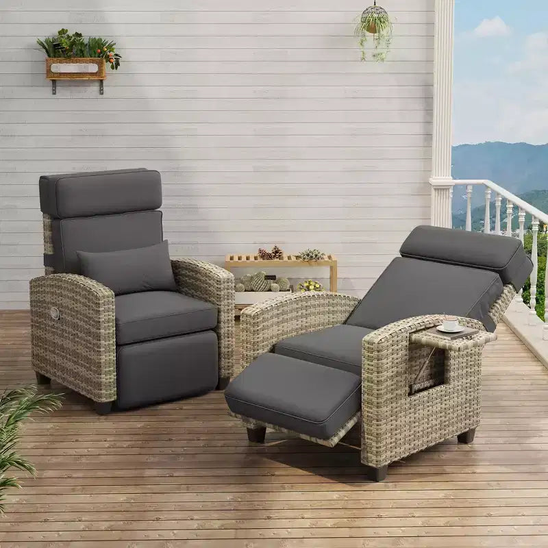 Outdoor-Relaxsessel, verstellbare Terrassenstühle mit verstellbarer Rückenlehne und Fußstütze, Lounge-Relaxsessel aus Rattan bis 150 mit hochklappbarem Tisch