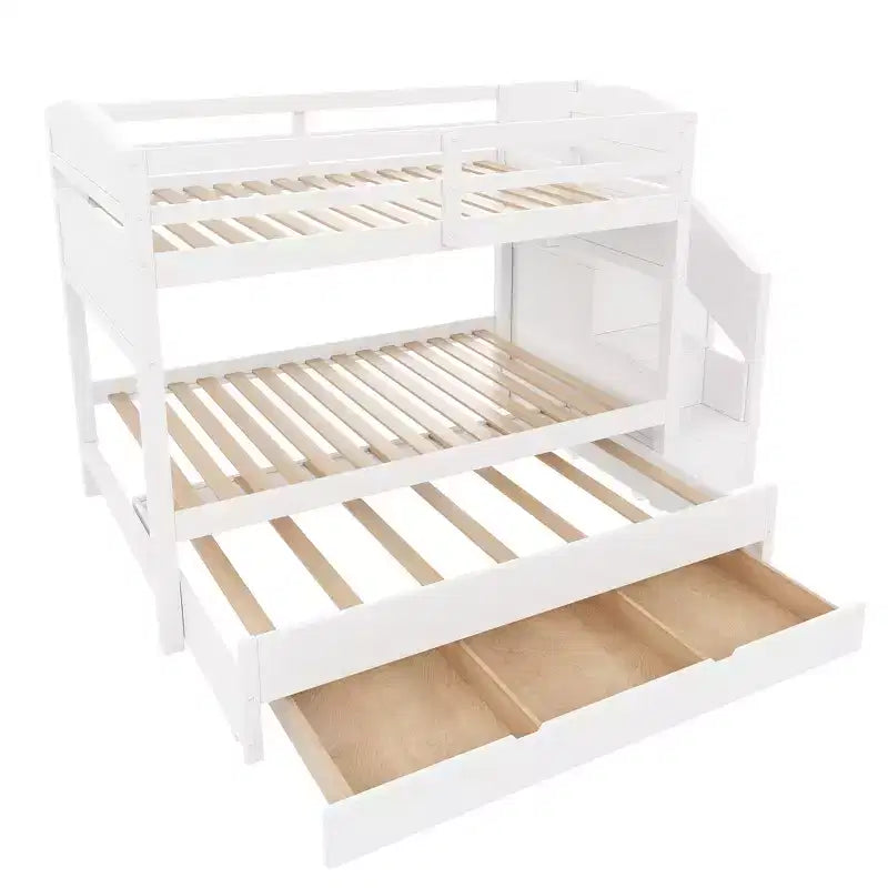 Whisen XL-Etagenbettgestell mit Ausziehbett, Etagenbett mit Stauraum, Etagenbett aus Massivholz, Stauraumtreppe, Kleiderschrank, 3 Schubladen, für Kinder