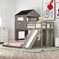 Lit superposé en bois Luxystar, couchage supérieur 1 place et inférieur 2 places, avec maisonnette, toboggan et barrières de sécurité