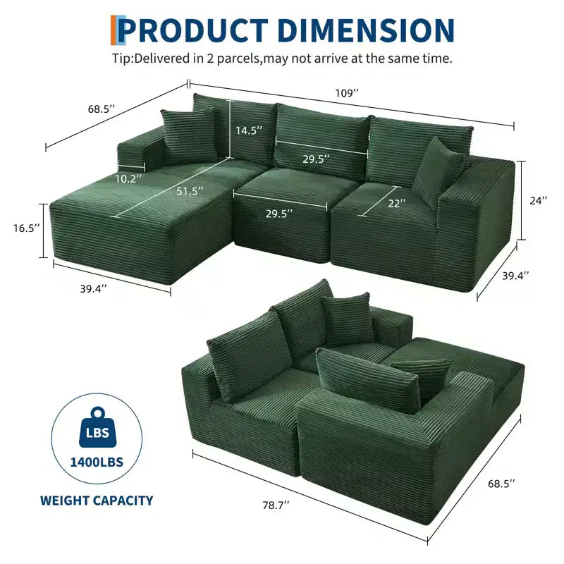 108 Modernes Sofa, 3-Sitzer-Polstersofa in L-Form mit Kissen, Sofa mit tiefer Sitzfläche, keine Montage erforderlich