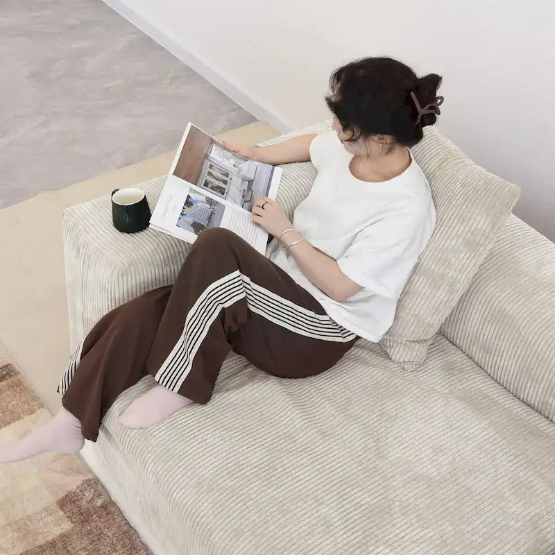 Großes modulares U-förmiges Ecksofa aus Cord mit 4 Sitzplätzen, 2 Hockern und 5 Kissen