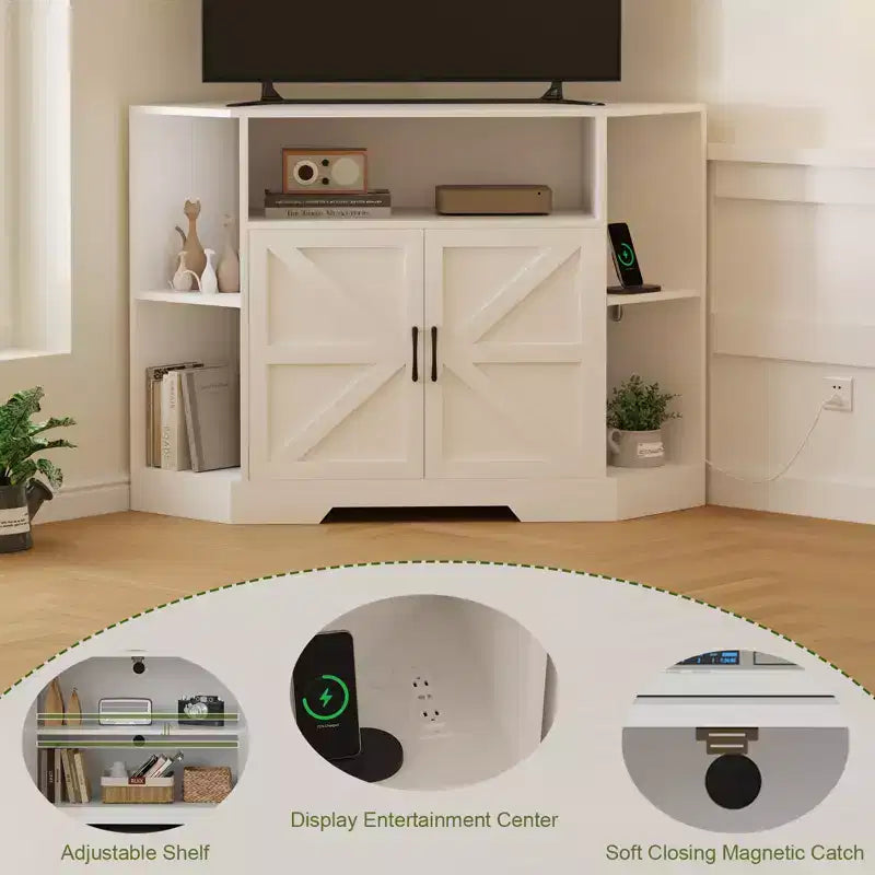 Meuble TV d’angle pour téléviseurs jusqu’à 55, console multimédia de style maison de campagne avec portes de grange, étagères ouvertes et placard de rangement, blanc