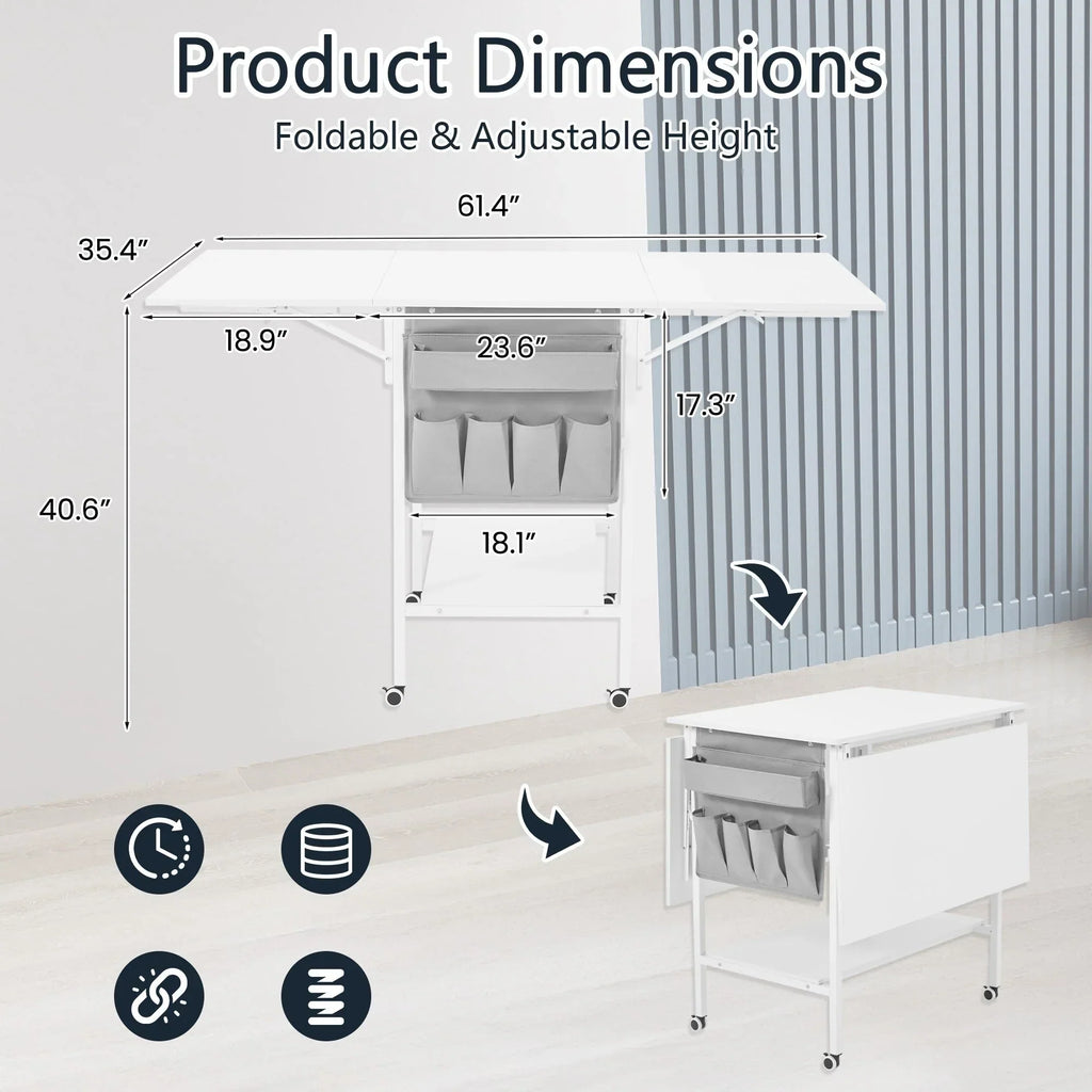 Table d’activités réglable en hauteur avec étagères de rangement, table de découpe pliante et mobile pour bureau à domicile, couture ou loisirs créatifs