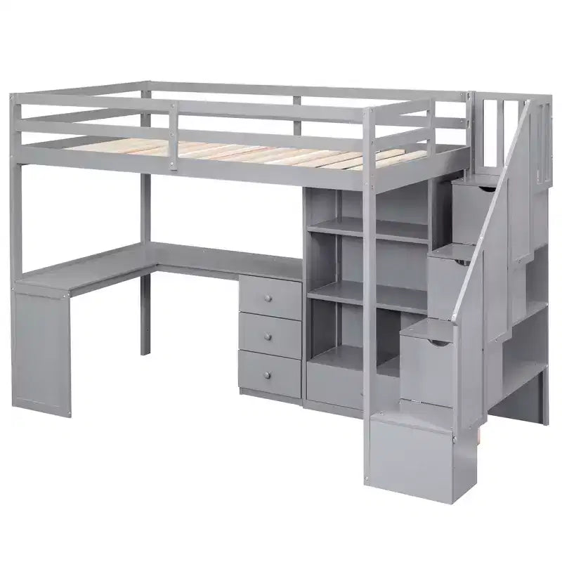 Hochbett in Einzelbettgröße mit L-förmigem Schreibtisch, 3 Schubladen, Schrank und Stauraum in der Treppe, Konstruktion aus massivem Kiefernholz/MDF