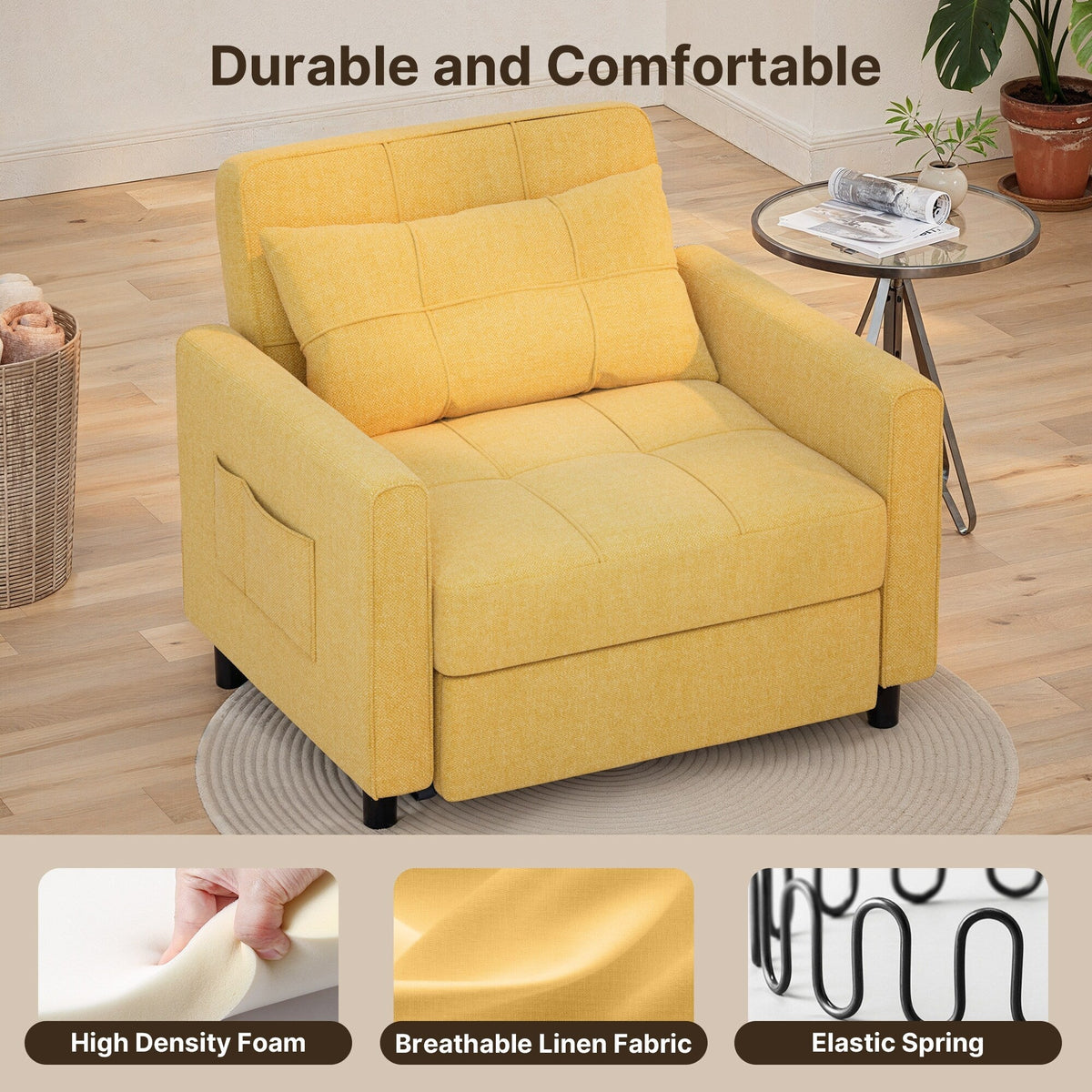 3-in-1-Schlafsofa mit verstellbarer Liegefläche, ausziehbares Sesselsofa, umwandelbares Klappbett fürs Wohnzimmer