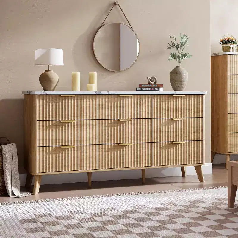 Commode met 9 gecanneleerde laden, moderne ladekast, houten commode-tv-meubel, gebogen ontwerp, voor de woonkamer of hal