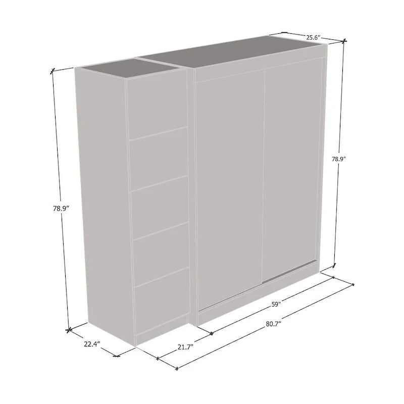 Kleiderschrank mit 2 Türen und Spiegel, Glasfront, für 2 Personen (Grau / Schwarz / Weiß)