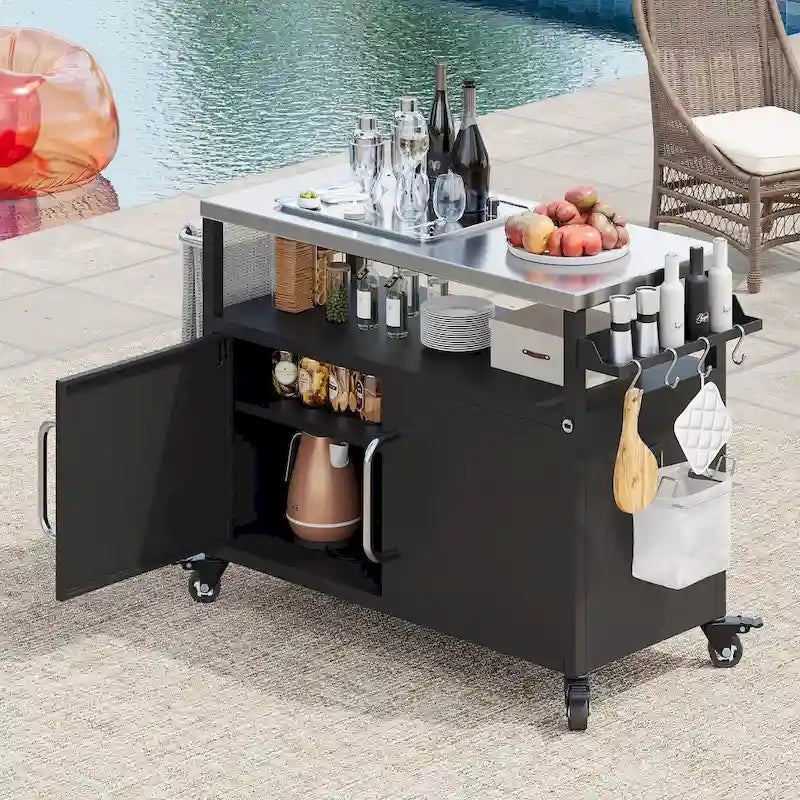 Buiteneiland voor de keuken met roestvrijstalen blad, metalen grillwagen met opbergkast - N/A