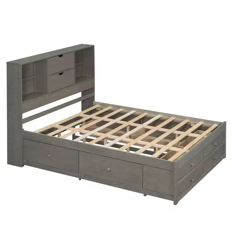 Queensize bed met opbergrek en 8 laden, eenvoudig te monteren