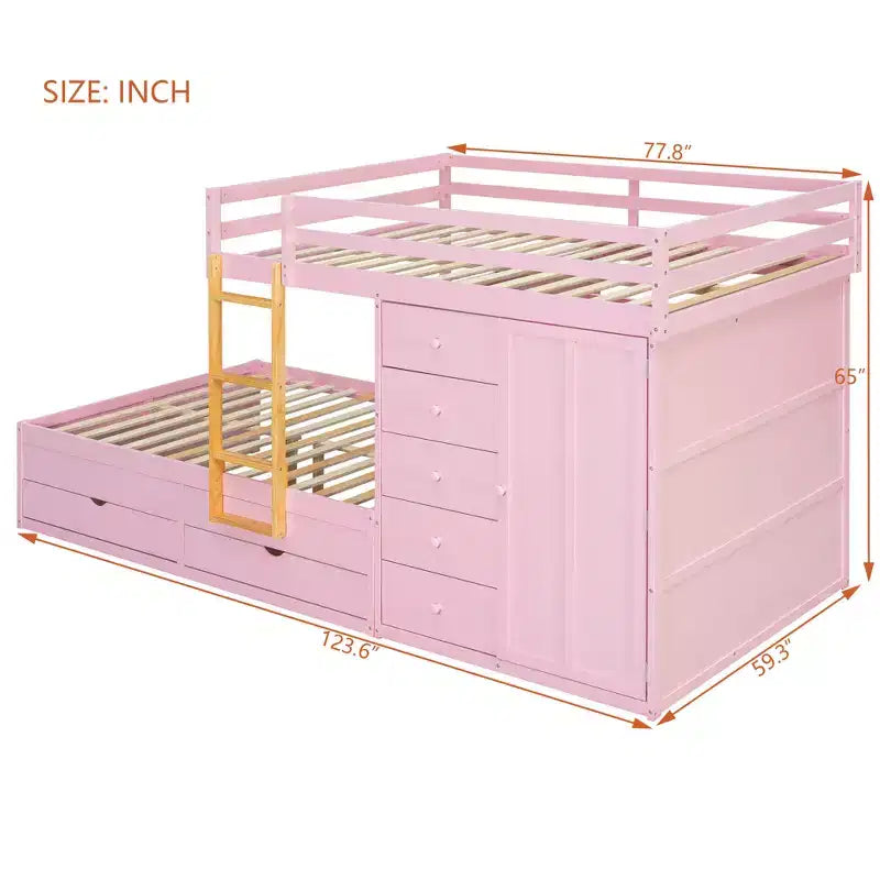 Stapelbed met twee tweepersoonsbedden, opbergkast en laden, houten stapelbed in tweepersoonsformaat met ruimtebesparend ontwerp en veiligheidsreling voor appartement en slaapkamer