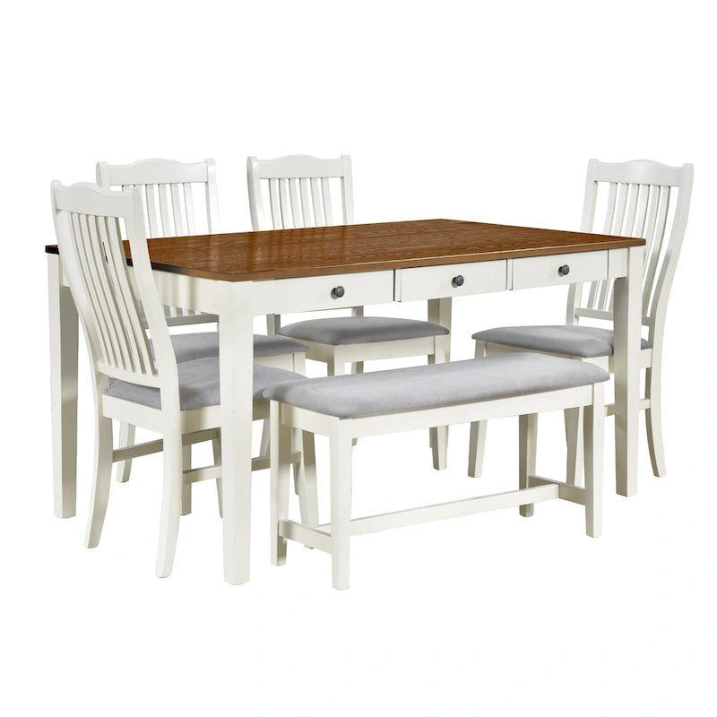 Eetkamerset van hout, 6-delig, met 4 stoelen en een bankje, tafel met lade