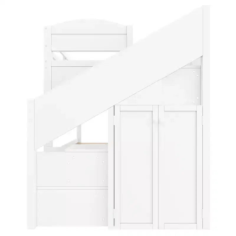 Whisen XL-Etagenbettgestell mit Ausziehbett, Etagenbett mit Stauraum, Etagenbett aus Massivholz, Stauraumtreppe, Kleiderschrank, 3 Schubladen, für Kinder