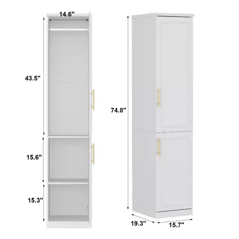 Famapy Luxe weißer modularer Kleiderschrank mit goldenen Beschlägen: Kassettentüren und Kombination verschiedener Türarten, eleganter, individuell gestaltbarer Kleiderschrank fürs Schlafzimmer