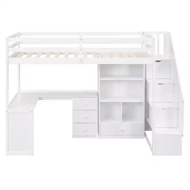 Hochbett in Einzelbettgröße mit L-förmigem Schreibtisch, 3 Schubladen, Schrank und Stauraum in der Treppe, Konstruktion aus massivem Kiefernholz/MDF