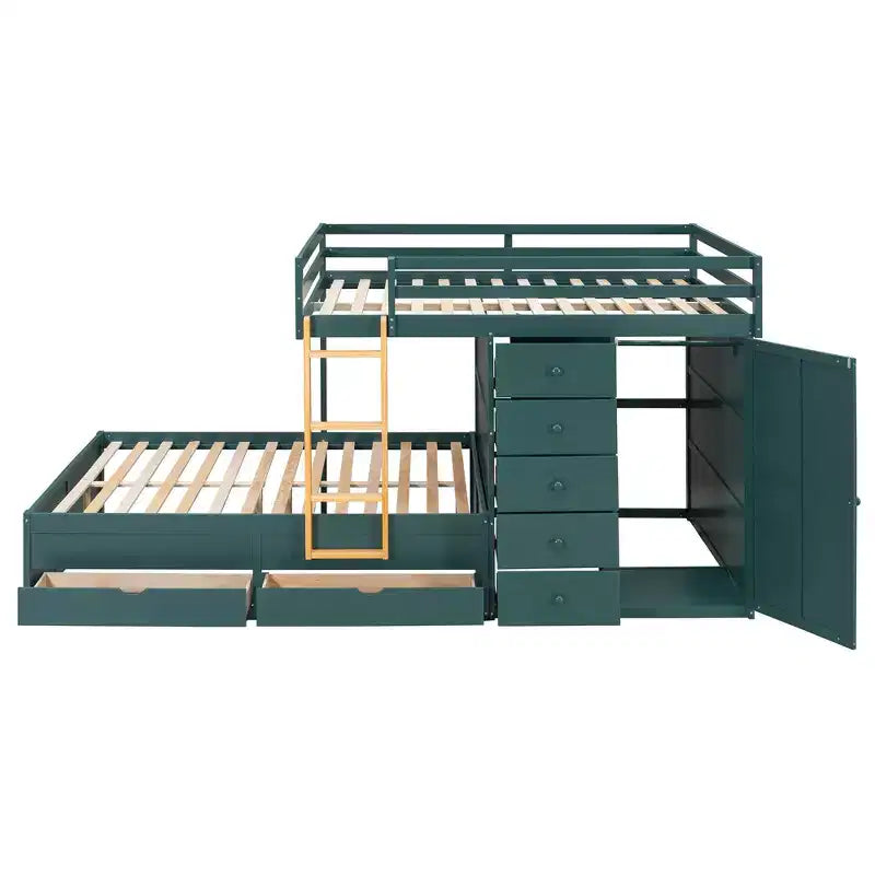 Stapelbed met twee tweepersoonsbedden, opbergkast en laden, houten stapelbed in tweepersoonsformaat met ruimtebesparend ontwerp en veiligheidsreling voor appartement en slaapkamer