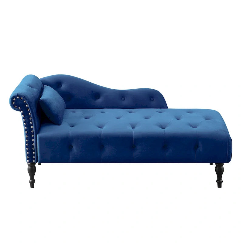 Moderne chaise longue van 60,6, bekleed met fluweel en voorzien van gecapitonneerde knopen, met poten van massief hout en sierspijkers