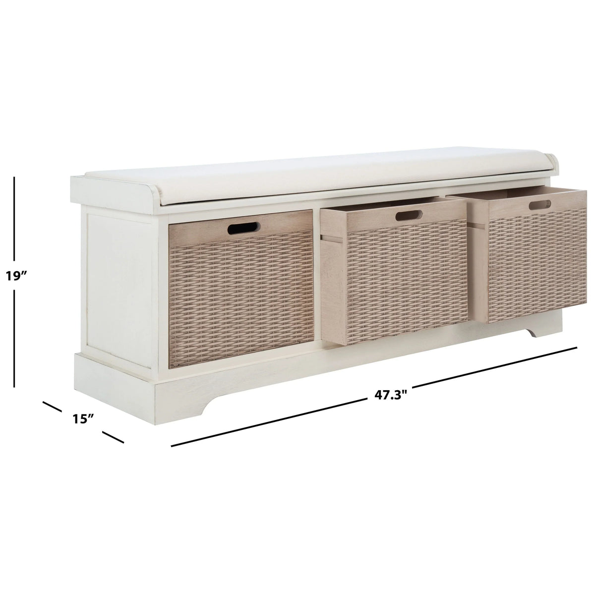 Banc de rangement SAFAVIEH Fiorello avec coussin et 3 tiroirs - 47.3 W x 15 L x 19 H - 47Wx15Dx19H