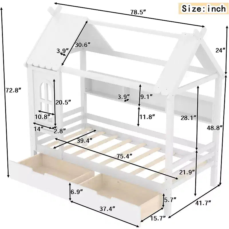 Hausbett mit Stauraumschubladen und Fenster, Massivholzrahmen mit Regalen, kindgerechtes verspieltes Design, hellweiß